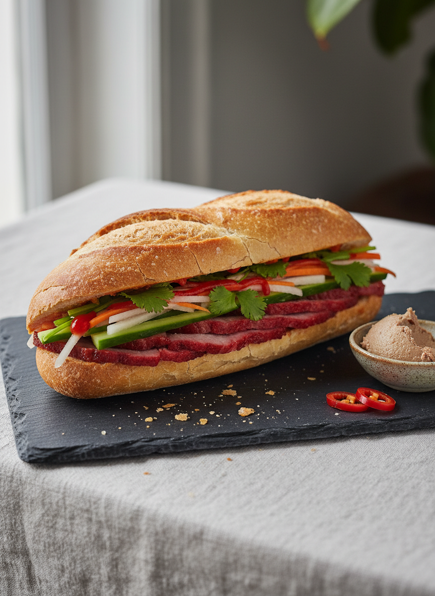 A close-up, photographic view of a single, artfully assembled bánh mì resting on a matte slate serving board atop a pale linen tablecloth. The baguette is perfectly golden and crackled, crumbs scattered delicately nearby, revealing layers of thinly sliced char siu pork, pickled carrots and daikon, fresh cucumber spears, sprigs of cilantro, and a thin streak of chili sauce. Beside it, a small ceramic dish holds coarse pâté, and a few red chili slices are casually arranged. Soft window light from the left creates elegant highlights along the crust and glossy vegetables, with gentle shadows adding depth. Captured at a three-quarter angle with shallow depth of field, the sandwich dominates the frame while the background dissolves into a refined blur. The atmosphere is sophisticated yet approachable, emphasizing texture and color through photographic realism.