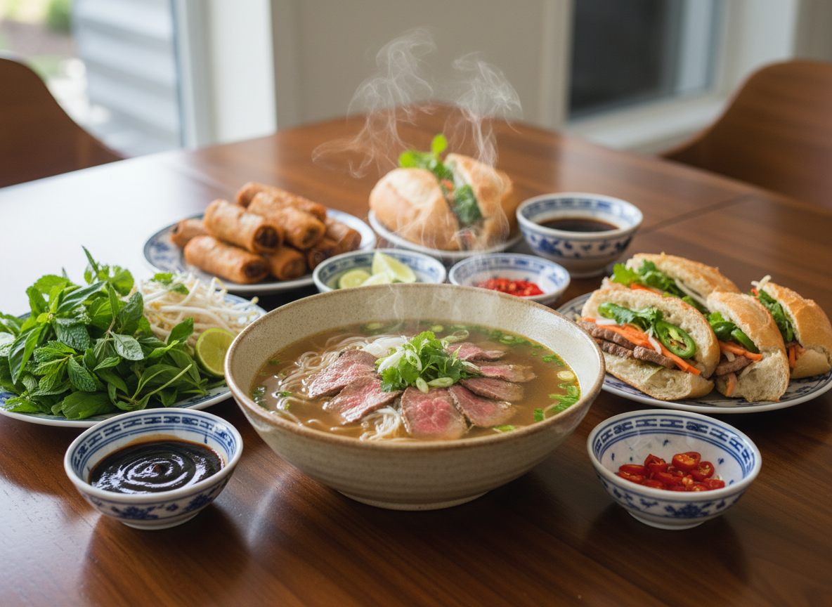 A meticulously arranged Vietnamese family-style meal laid out on a smooth, dark wooden table, featuring a central steaming bowl of phở with translucent rice noodles, marbled beef slices, and glistening amber broth. Surrounding it are small ceramic dishes of fresh herbs, lime wedges, sliced chilies, and hoisin sauce, along with plates of golden spring rolls and crusty bánh mì halves revealing vibrant fillings. Soft late-morning natural light from an unseen window washes across the table, creating gentle highlights on the ceramic and subtle steam trails. Shot from a slightly elevated angle with a shallow depth of field, the foreground phở is in crisp focus while the background fades into a warm, sophisticated blur. The mood is intimate, inviting, and quietly celebratory, rendered in clean, photographic realism.