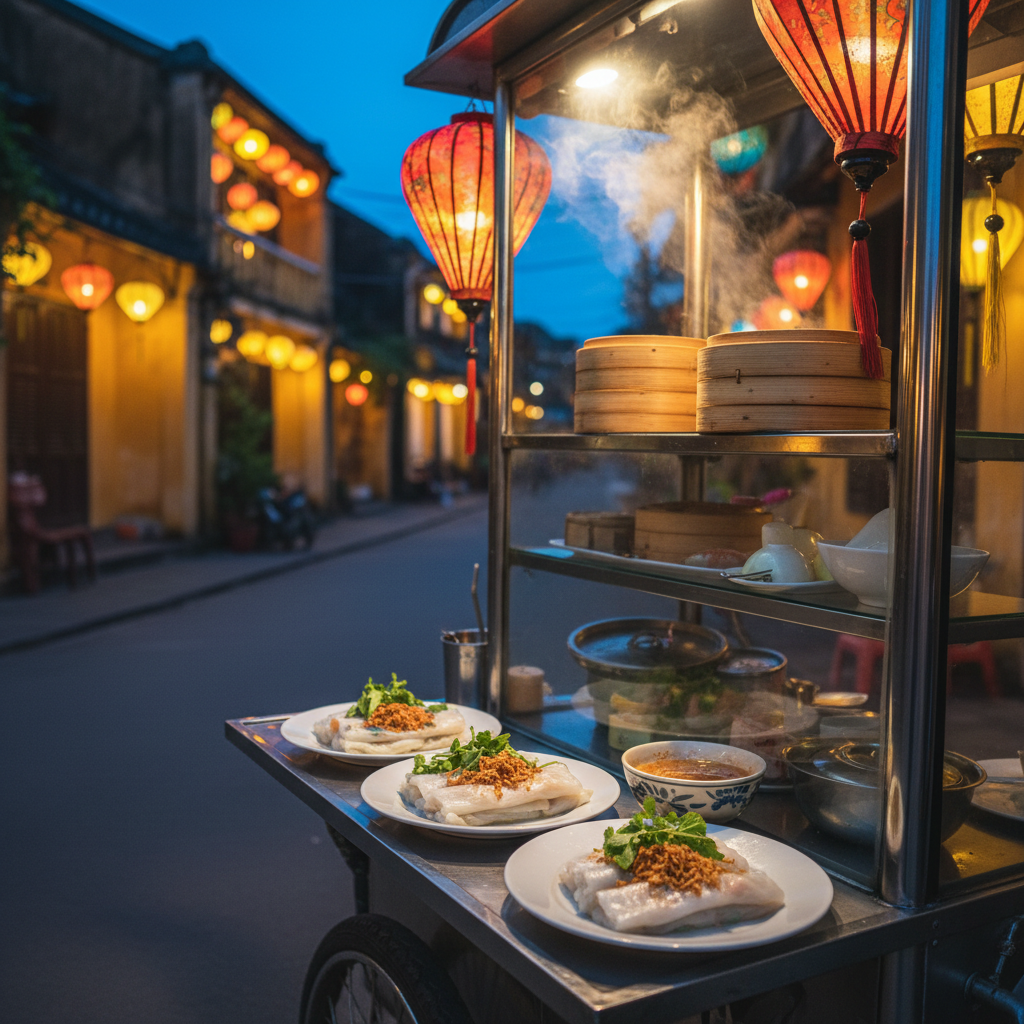 A twilight street scene in Hội An rendered in photographic realism, focusing tightly on a small, elegant food cart serving bánh cuốn. The cart’s polished metal surface reflects clusters of glowing lanterns overhead, while stacked bamboo steamers release thin trails of steam into the cool evening air. On the cart, pristine white ceramic plates hold delicate rolls filled with minced mushroom and pork, topped with fried shallots and fresh herbs, with a small bowl of amber dipping sauce beside them. The background is a gentle blur of yellow-walled shophouses and lantern-lit alleys, creating a warm, magical ambiance. Side lighting from lanterns casts soft, golden highlights and gentle shadows, adding depth and sheen to the food. Shot from a slightly low, three-quarter angle, the mood feels nostalgic, sophisticated, and quietly romantic.