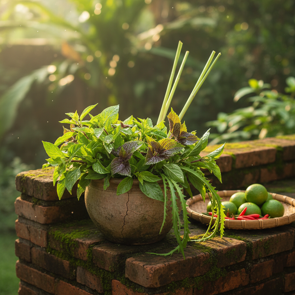 A serene corner of a Vietnamese kitchen garden captured in photographic realism, focusing on a worn clay pot overflowing with fragrant Vietnamese basil, perilla leaves, and sawtooth coriander. Dew still clings to the deep green leaves, some tinged with purple, while slender lemongrass stalks rise in the background beside a low, mossy brick wall. The herbs sit atop a narrow stone ledge, with a woven bamboo basket of freshly harvested limes and bird’s eye chilies resting nearby. Early morning light filters through unseen foliage, casting dappled patterns and soft highlights on the herbs, with a gentle bokeh of lush greenery beyond. Shot at eye level with a moderate depth of field, the composition feels intimate and contemplative, suggesting the quiet source of flavors behind Vietnamese dishes in a sophisticated, natural atmosphere.