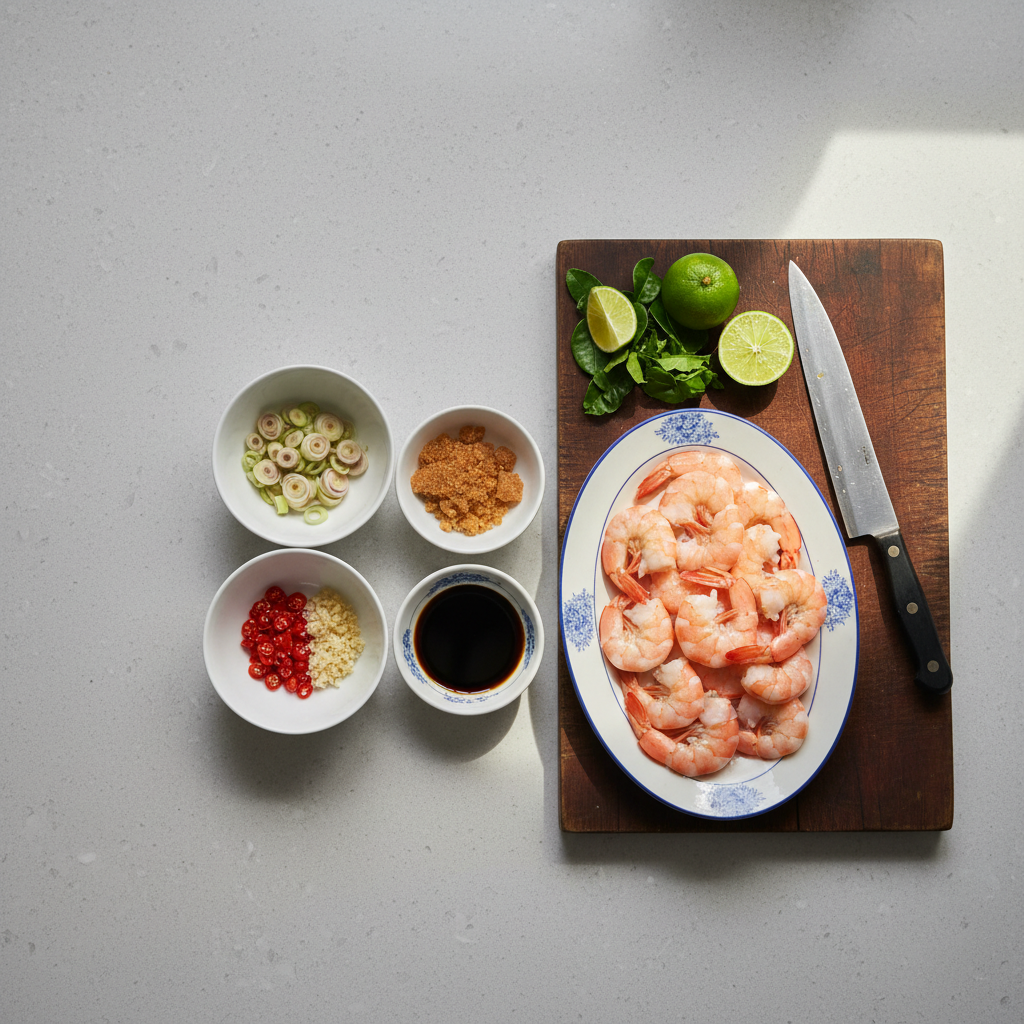 An overhead, photographic composition of a Vietnamese home-cooking mise en place on a light stone countertop, arranged with deliberate elegance. Small porcelain bowls hold sliced lemongrass, minced garlic, ruby-red chili, fish sauce, and palm sugar shards, while a larger ceramic plate displays raw shrimp, neatly deveined and glistening. Nearby, a weathered wooden cutting board presents a sharp chef’s knife, lime halves, and torn kaffir lime leaves. Diffused afternoon light from an unseen window creates a soft, even glow, with faint shadows adding quiet structure. The scene is framed using the rule of thirds, leaving negative space on one side for visual breathing room. The mood is calm, focused, and anticipatory, evoking the moments before cooking begins, with a clean, modern, photographic realism that highlights each ingredient’s texture and color.